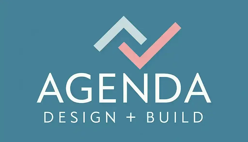 A logo for agenda design and build on a blue background