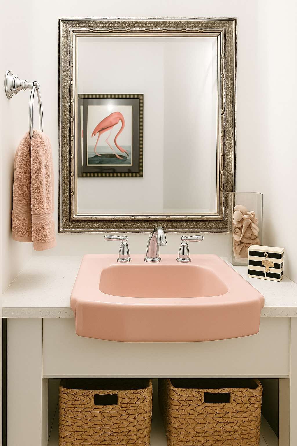 A bathroom with a pink sink , mirror , and wicker baskets.