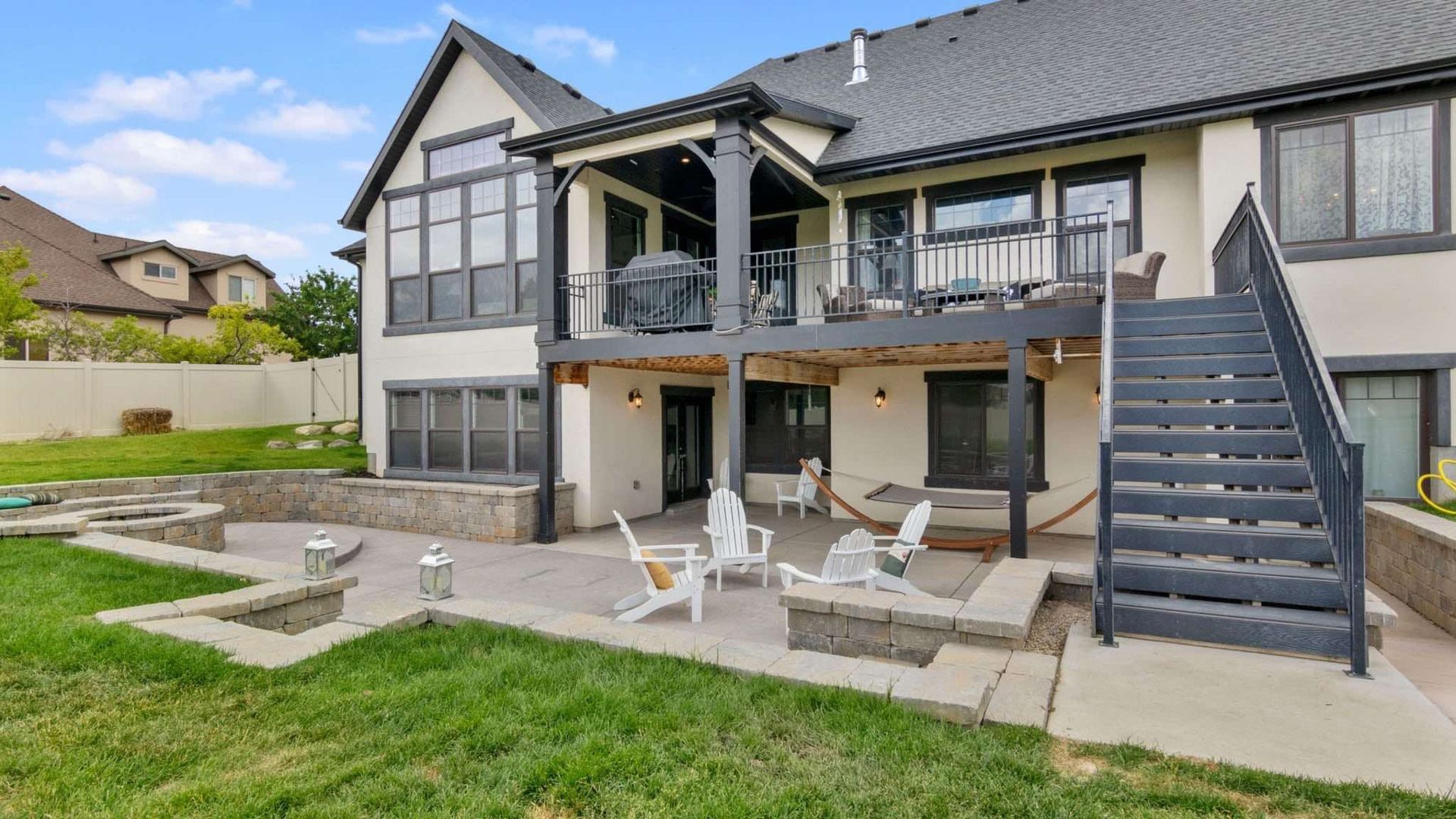 The back of the Mapleton home, showcasing some of the landscaping.