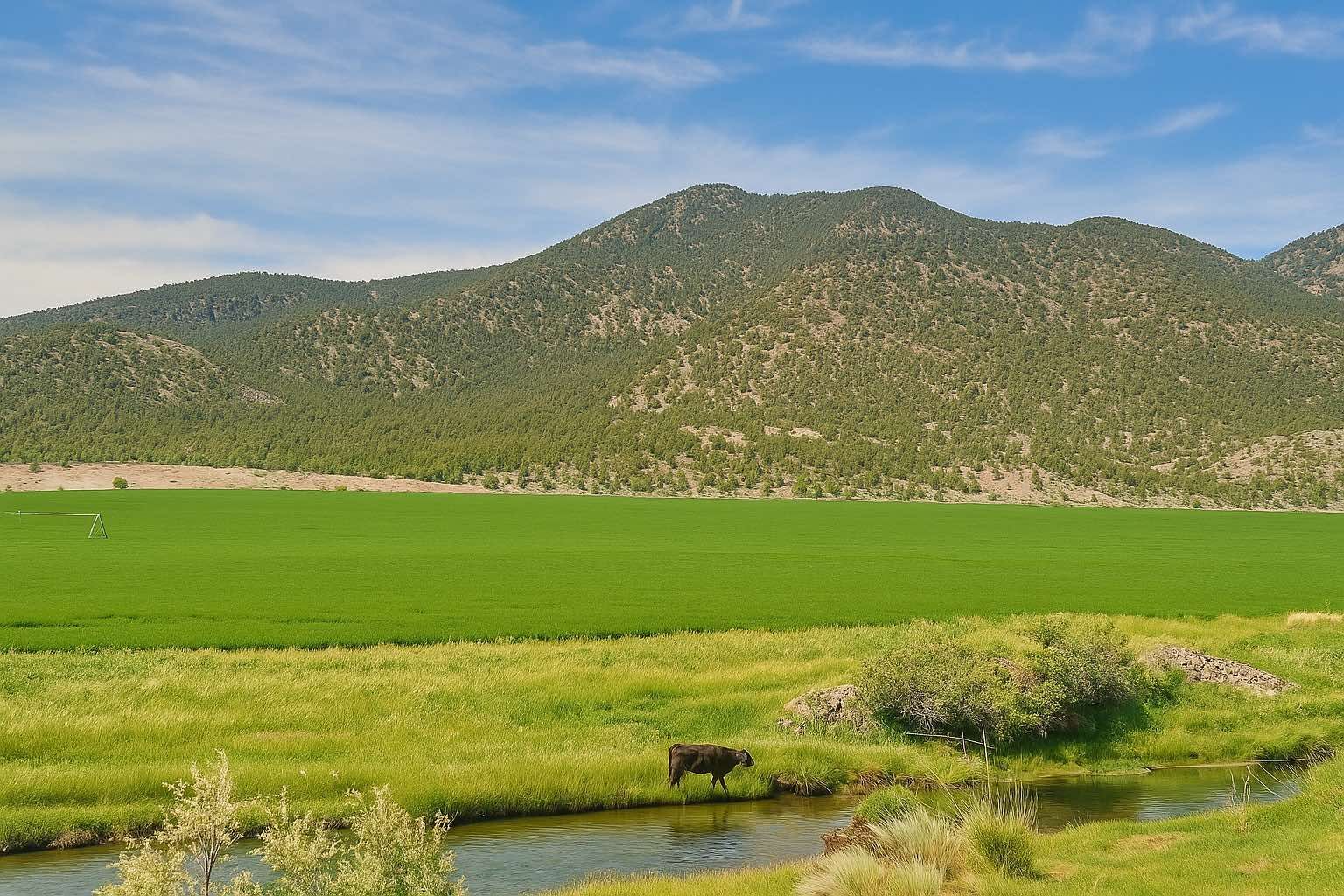 A cow by the Beaver River with an ag field and mountain in the background