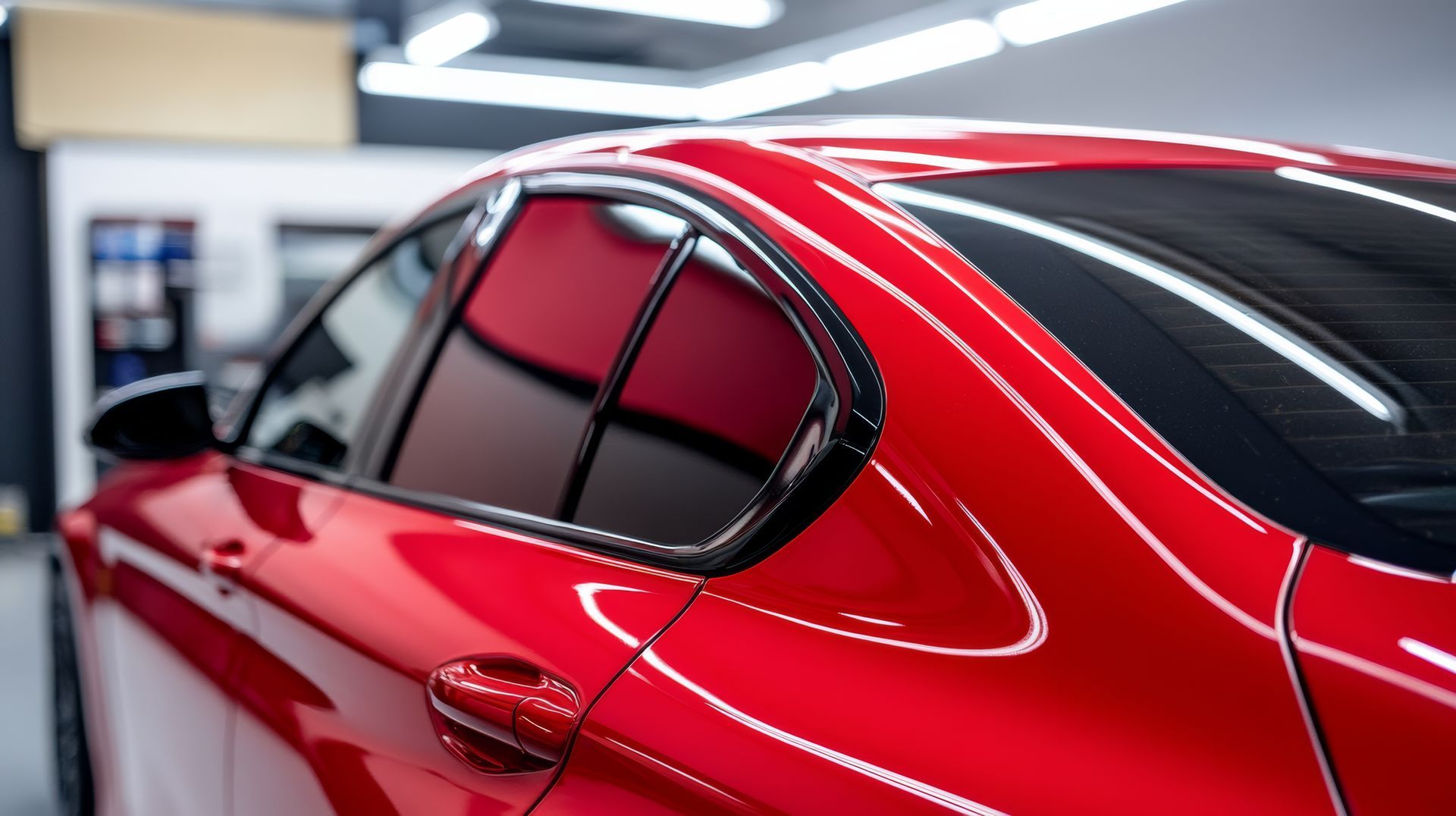 A close up of a red car in a garage.