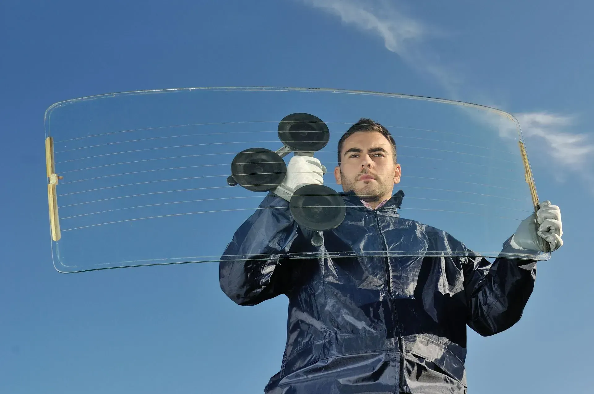 A man is holding a large piece of glass in his hands.