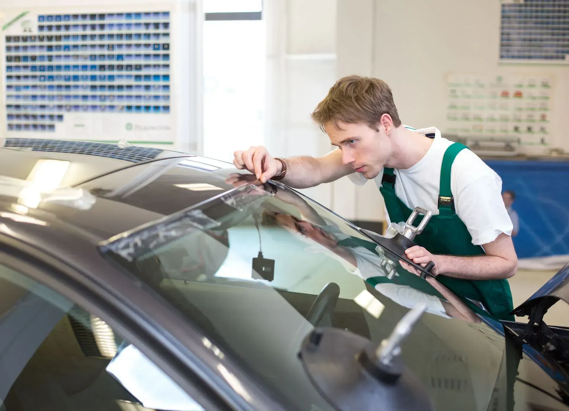 A man is working on a car windshield in a garage