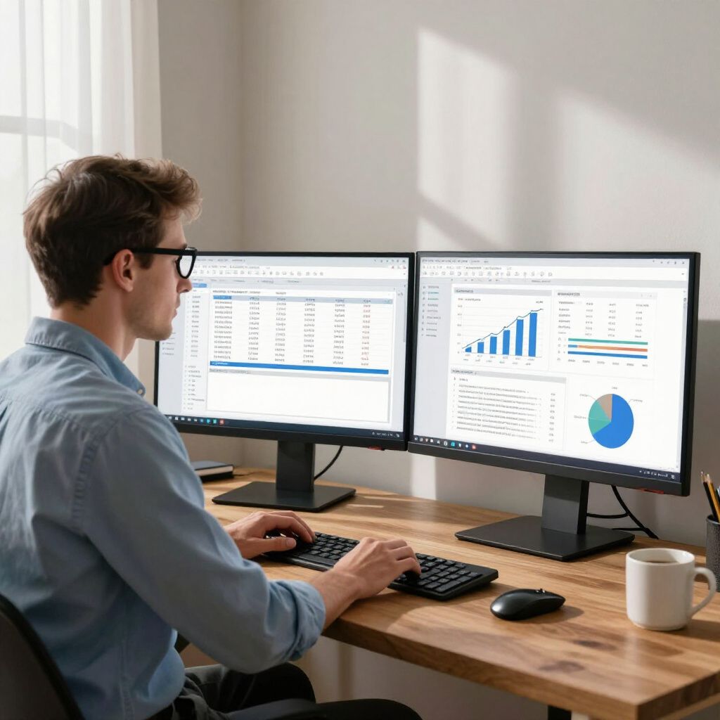 Man working at a desk with two monitors displaying data charts and spreadsheets. He types on a keyboard.