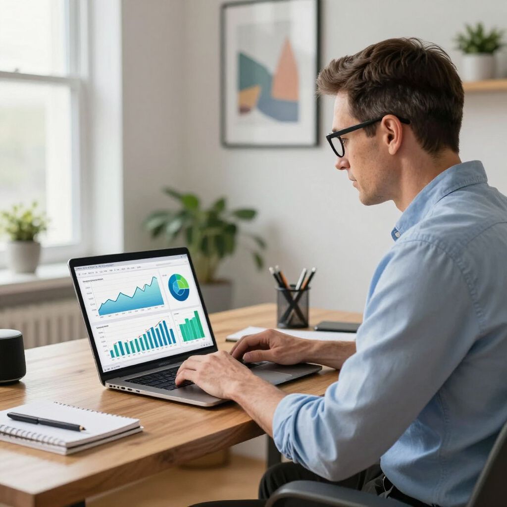 Man in glasses working on laptop, displaying financial charts, at a wooden desk in a home office.