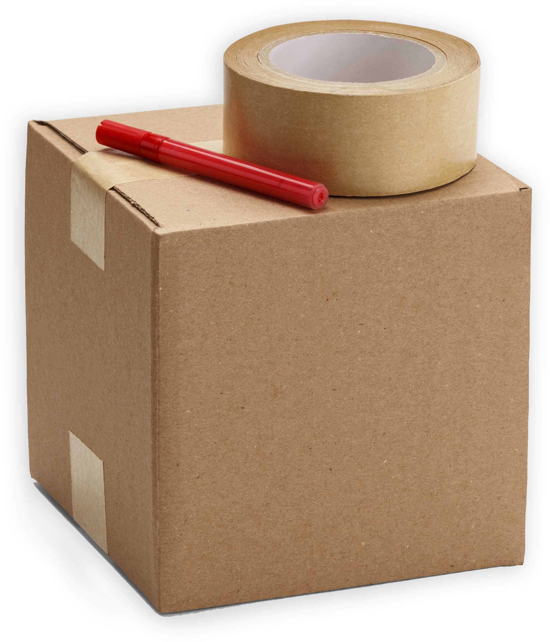 A Cardboard Box With a Roll of Tape and a Marker on Top