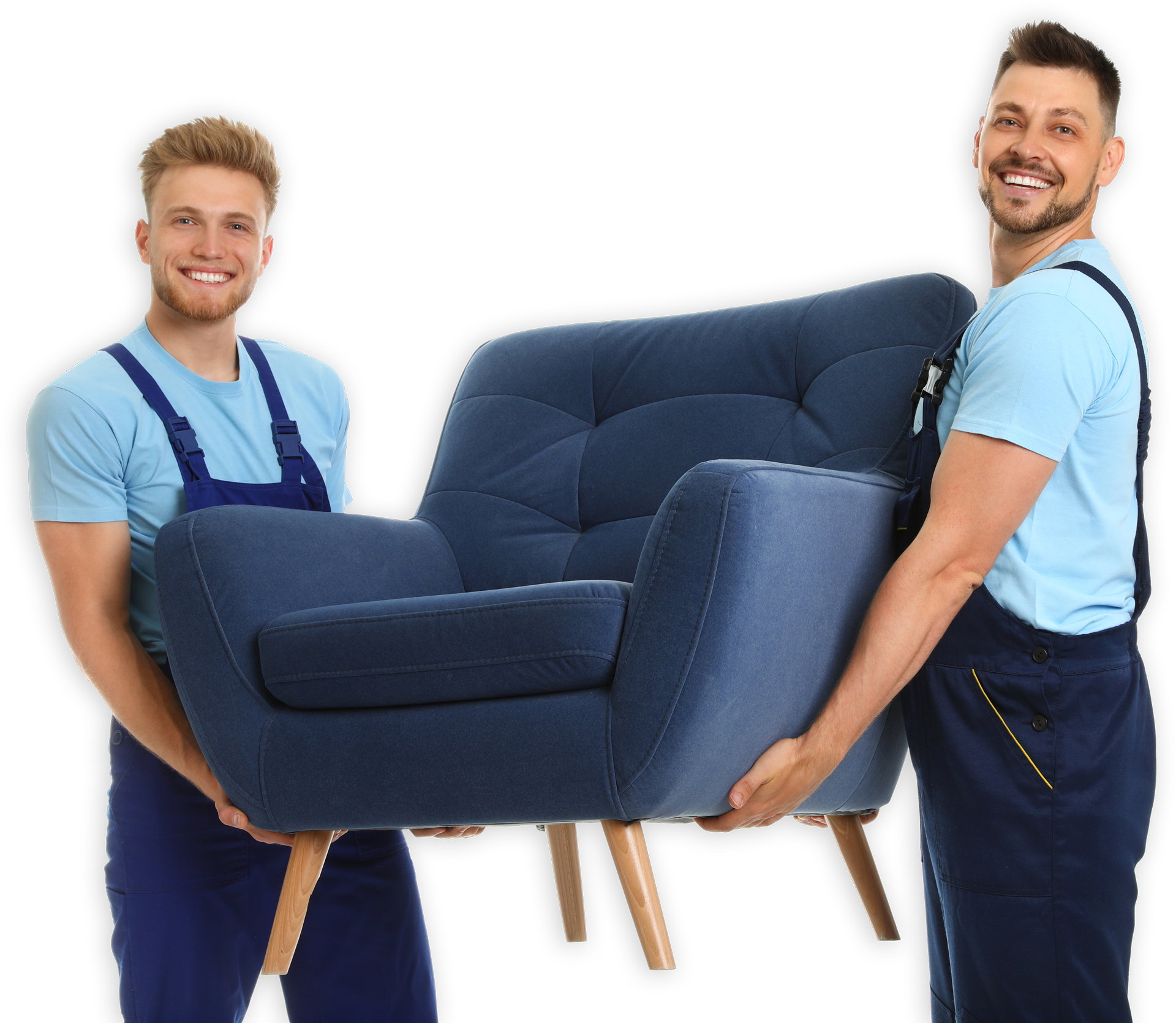 Two Men in Blue Overalls Are Carrying a Blue Chair
