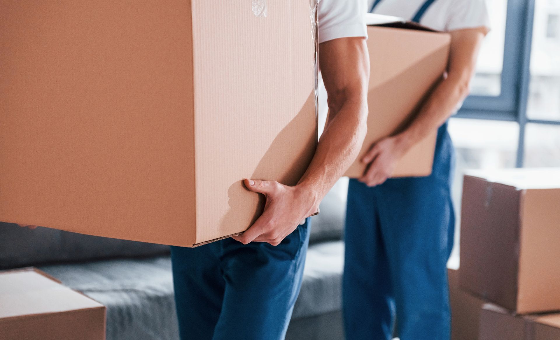 Two Men Are Carrying Cardboard Boxes in a Living Room 