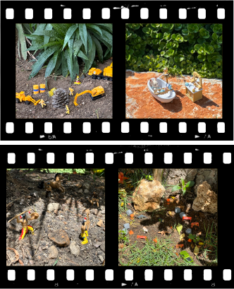 A collage of four pictures of toys in a garden