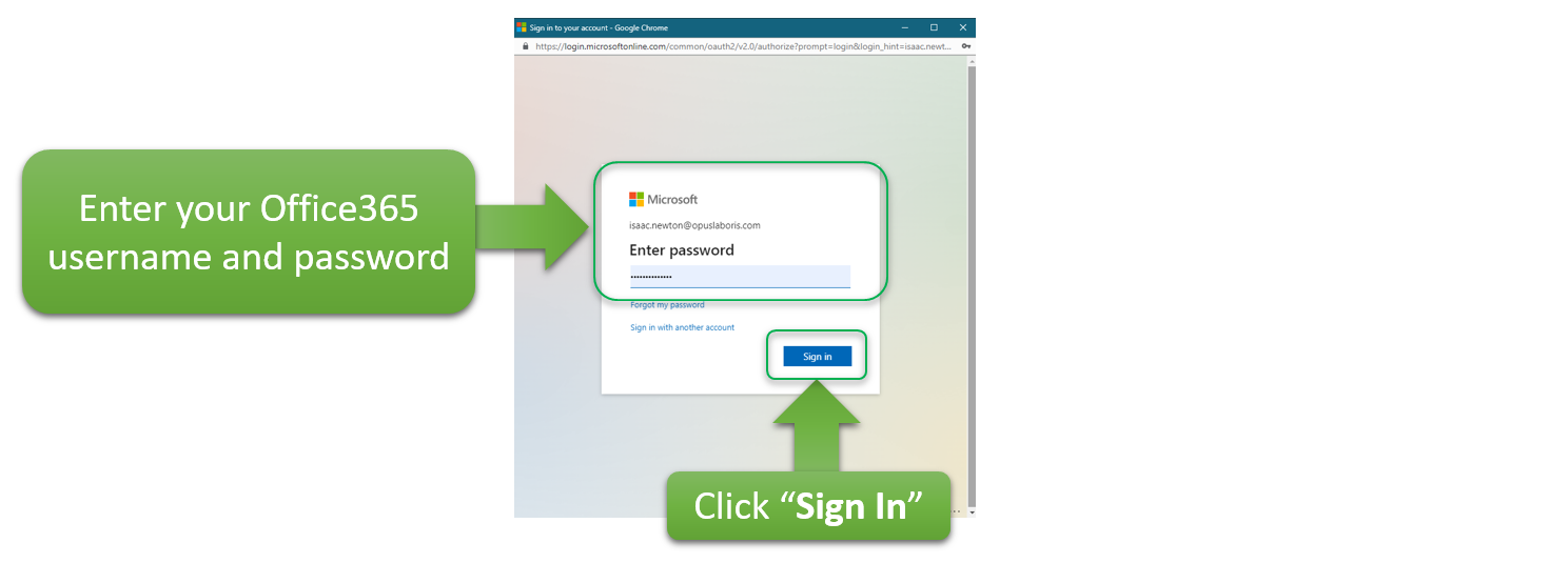 A computer screen shows how to enter your office 365 username and password