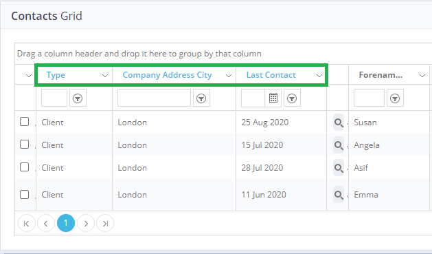 A screenshot of a contacts grid with a green arrow pointing to the last contact.