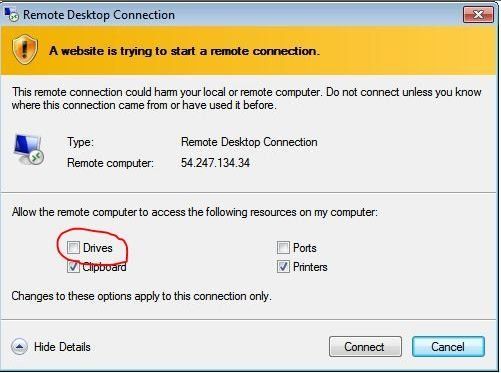 A computer screen shows a website is trying to start a remote connection