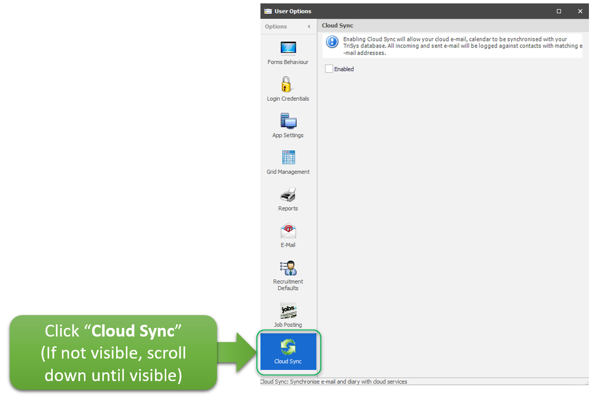 A computer screen with a green arrow pointing to the cloud sync button