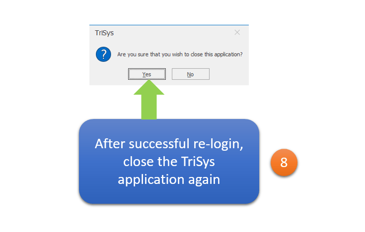 After successful re-login close the trisys application again