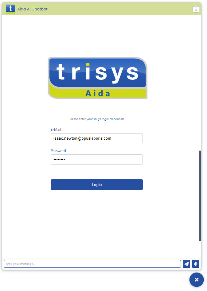 A screenshot of the trisys aida login page.