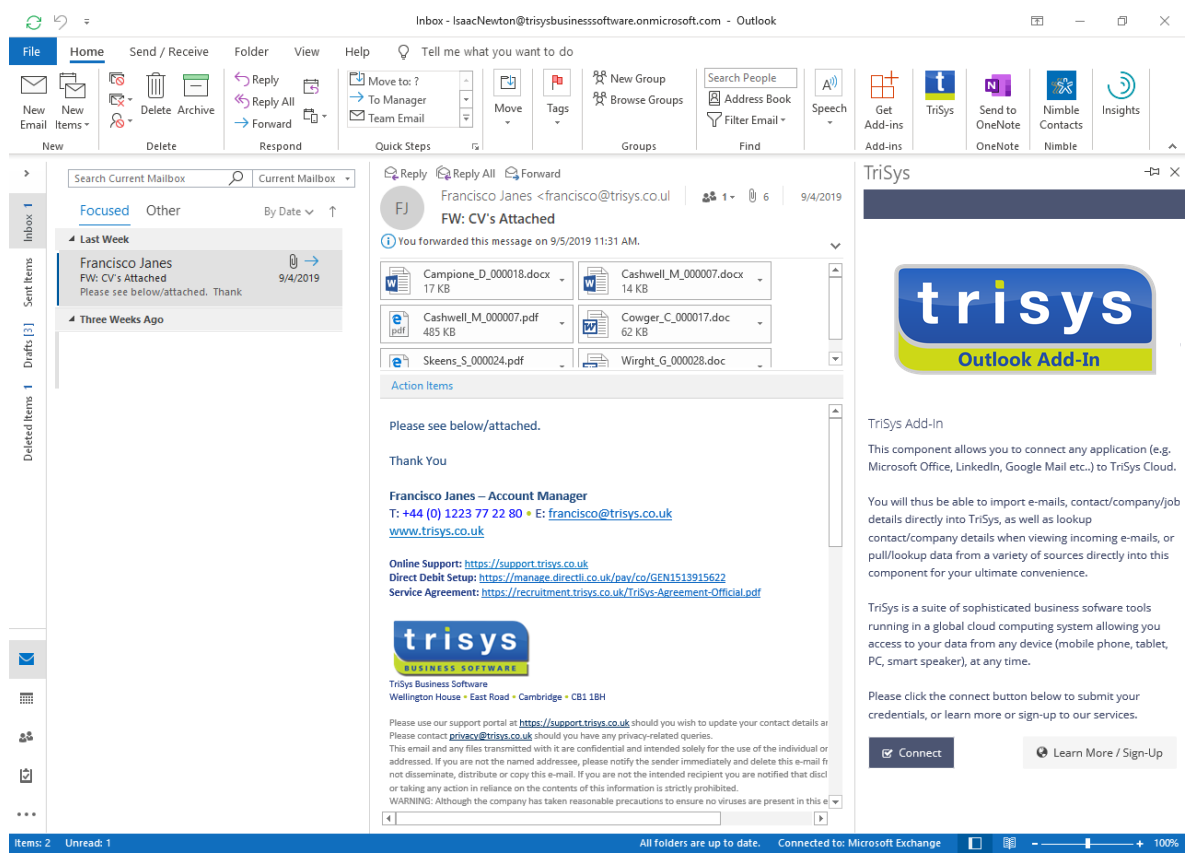 A screenshot of a computer screen showing an email from trsys