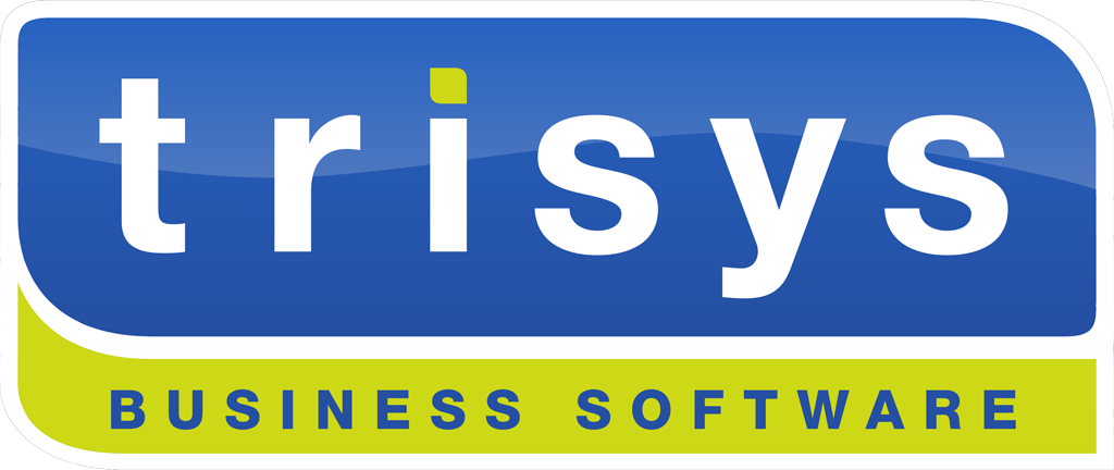 The logo for trisys business software is blue and green.