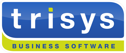 The logo for trisys business software is blue and green.