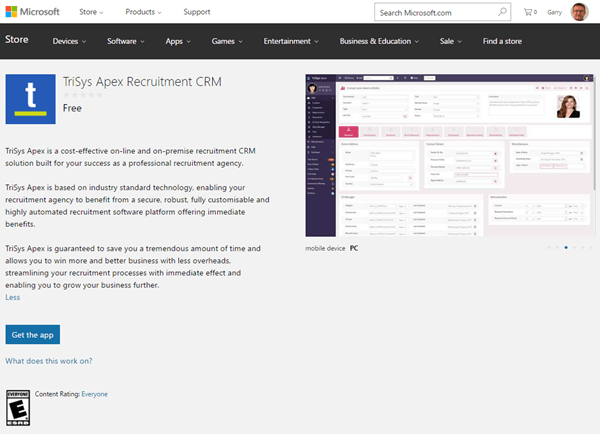 A screenshot of a microsoft website showing a recruitment software called trisys apex recruitment crm.