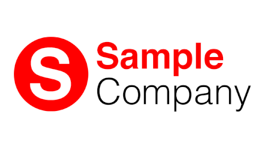 A red and white logo for a company called sample company