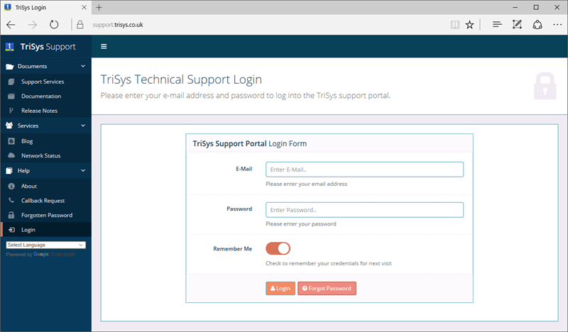 A computer screen shows a technical support login page.
