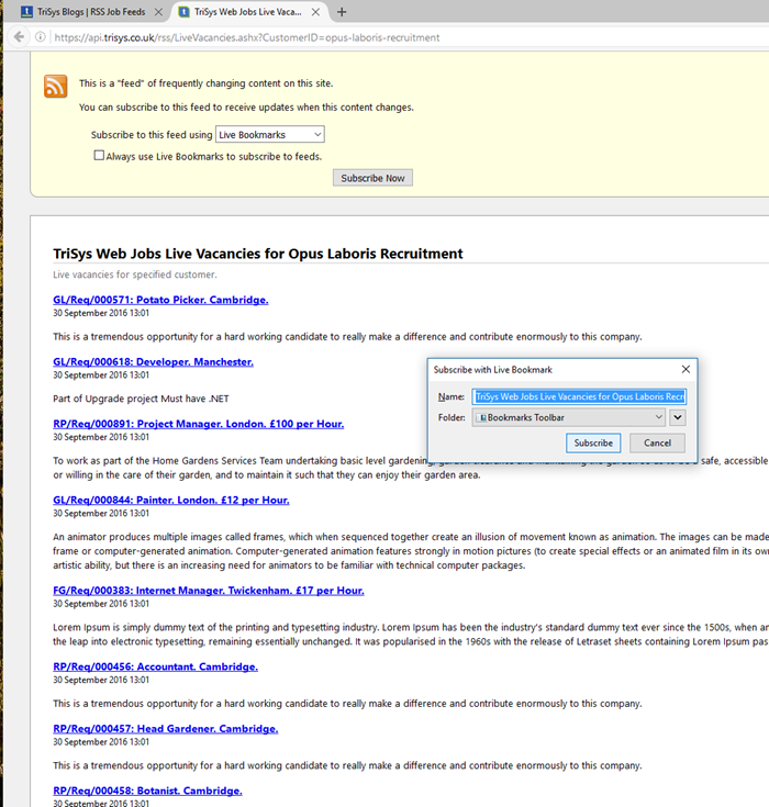 A screenshot of a web page that says jobs live vacancies for opas laboria recruitment