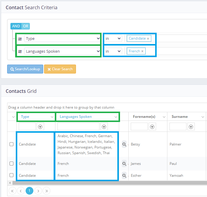 A screenshot of a contact search criteria page.