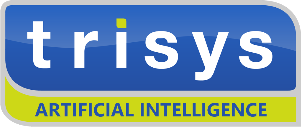 The logo for trisys artificial intelligence is blue and yellow.