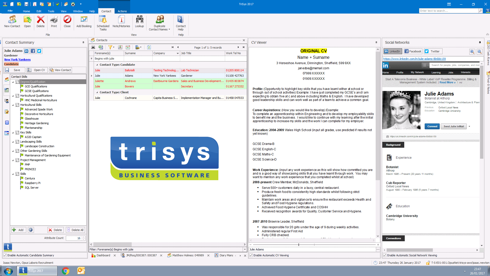 A computer screen with a trisys logo on it