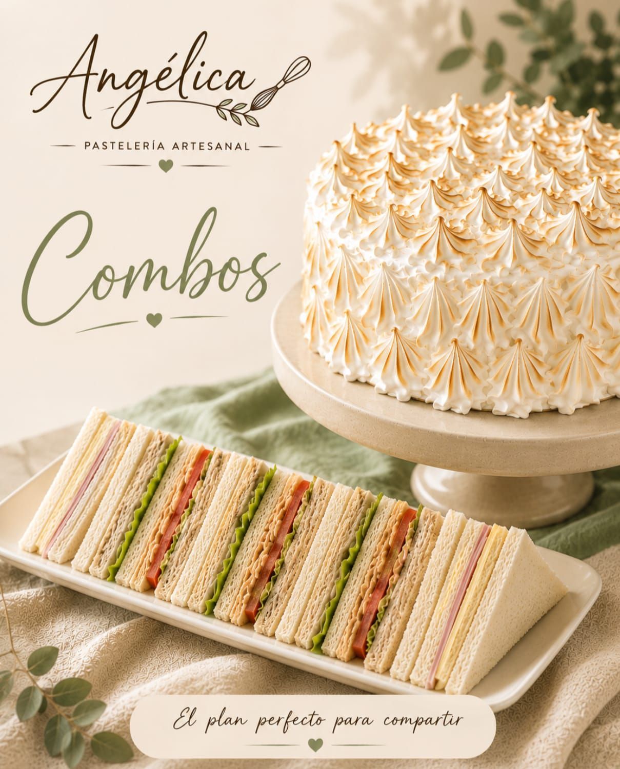Variedad de pasteles de capas en tonos pastel en una bandeja junto a un pastel cubierto de crema sobre un mantel beige.