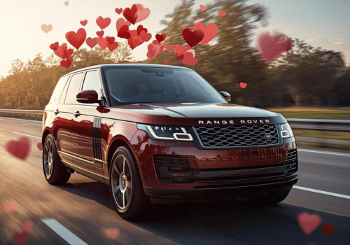 Red Range Rover driving on a highway at sunset with floating heart graphics around it.