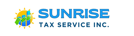 a logo for sunrise tax service inc. with a glowing sun and rising graphs