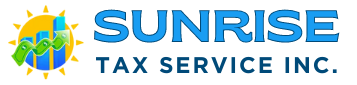 a logo for sunrise tax service inc. with a glowing sun and rising graphs