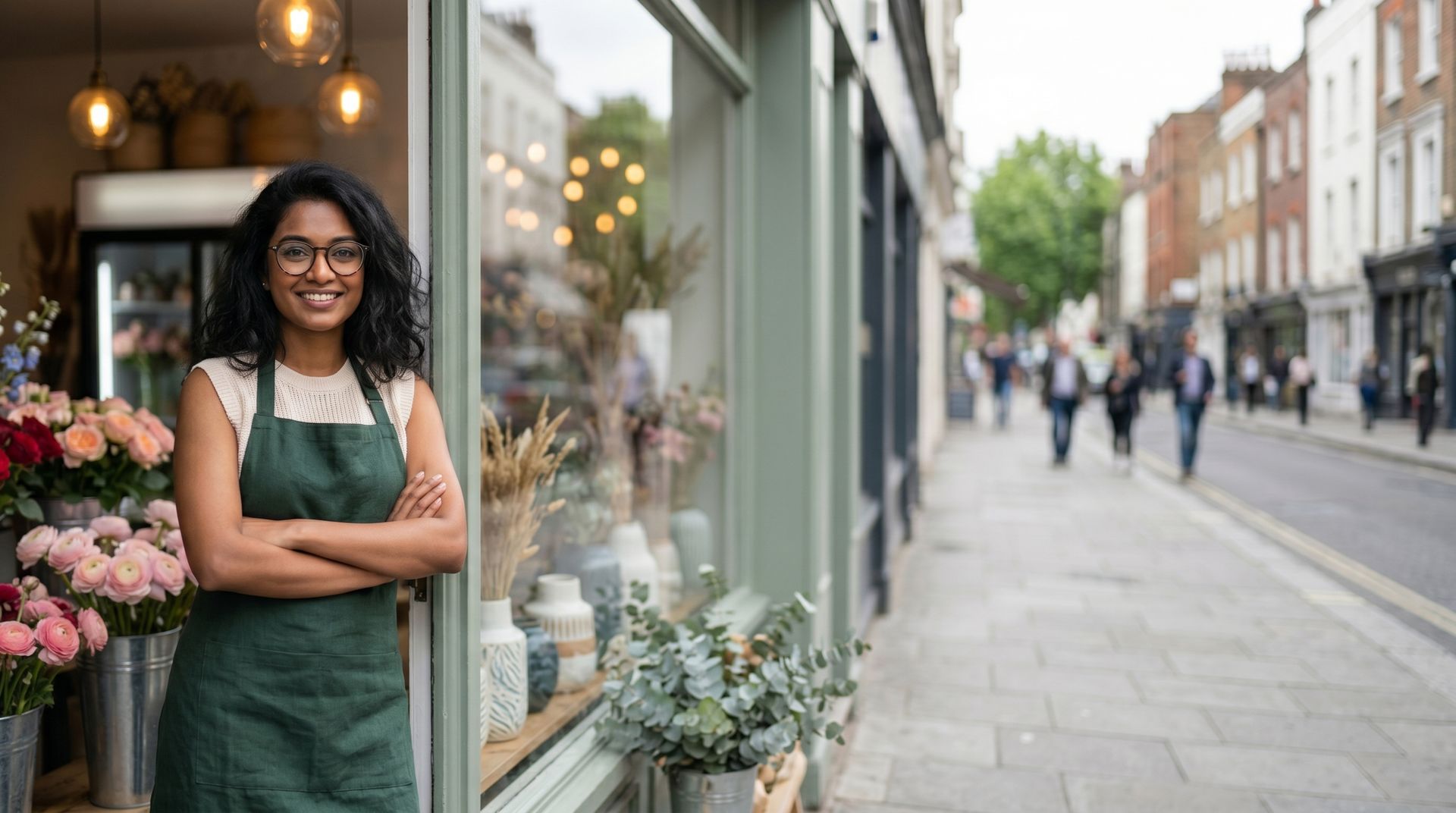 Photograph of a florist standing confidently with arms crossed outside a flower shop.
