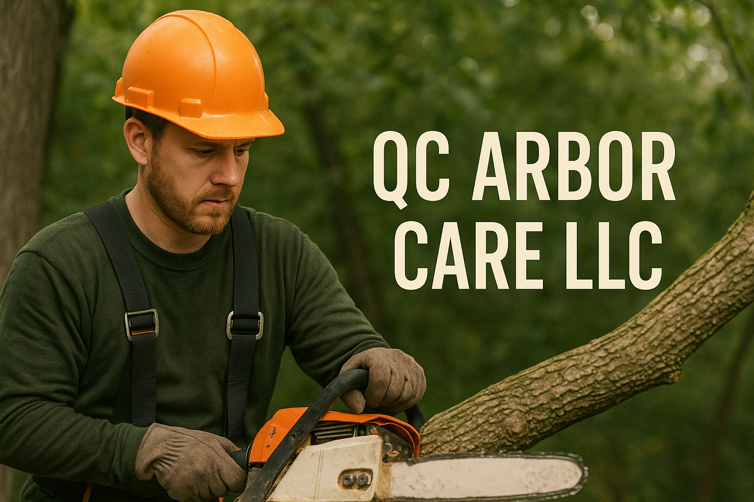 A man wearing a hard hat is cutting a tree branch with a chainsaw.