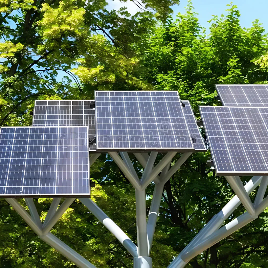 A bunch of solar panels sitting on top of a pole