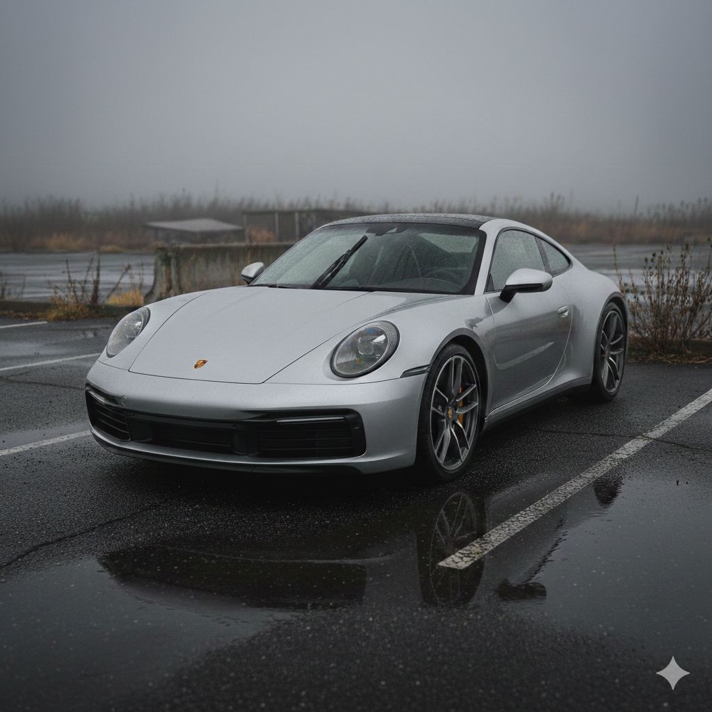 Red McLaren sports car glistening with raindrops.