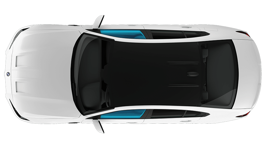 An aerial view of a white car with blue windows on a white background.