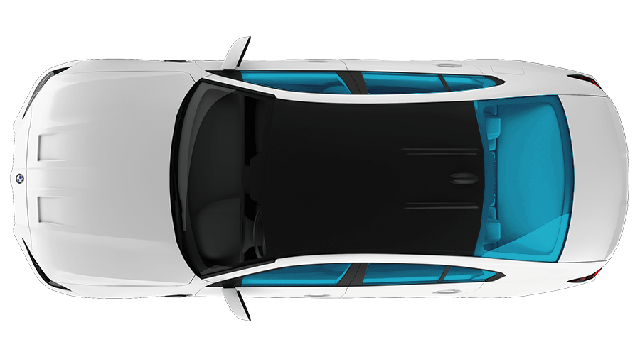 An aerial view of a white car with blue windows on a white background.