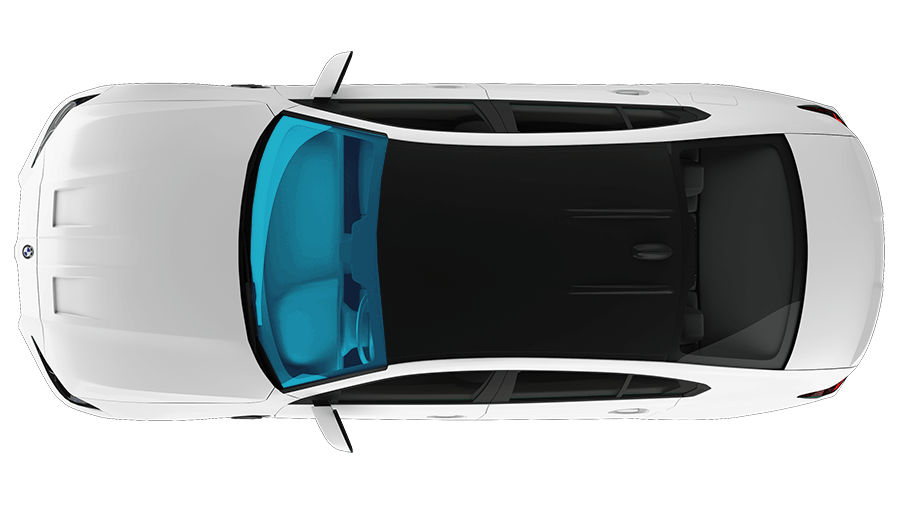 An aerial view of a white car with a blue windshield.