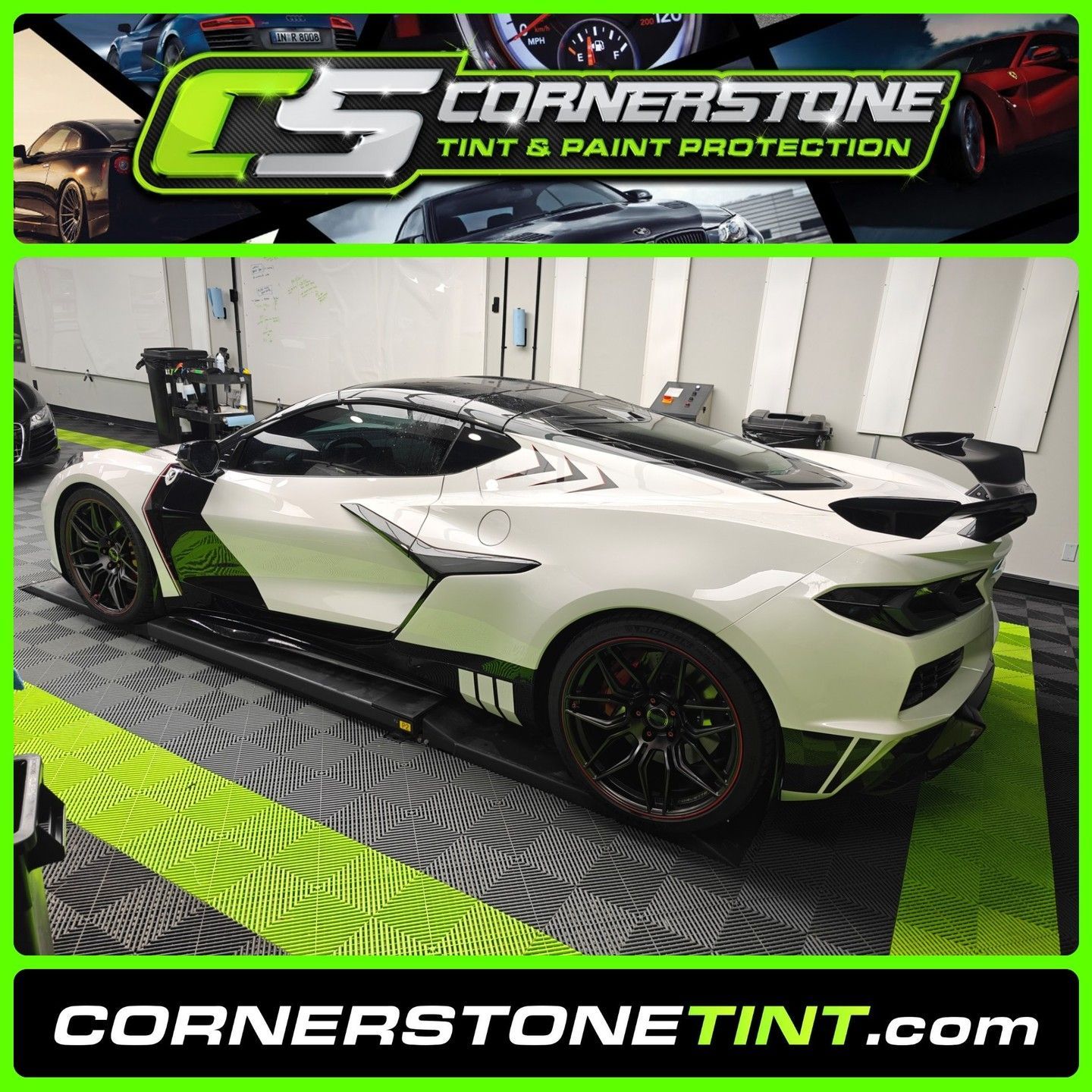Cornerstone tint and paint protection is advertising a white sports car