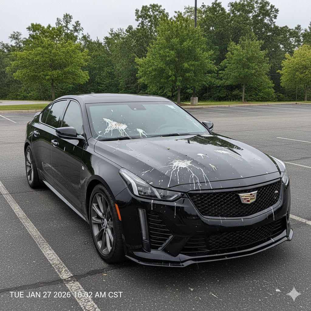 Red car hood covered in bird droppings.