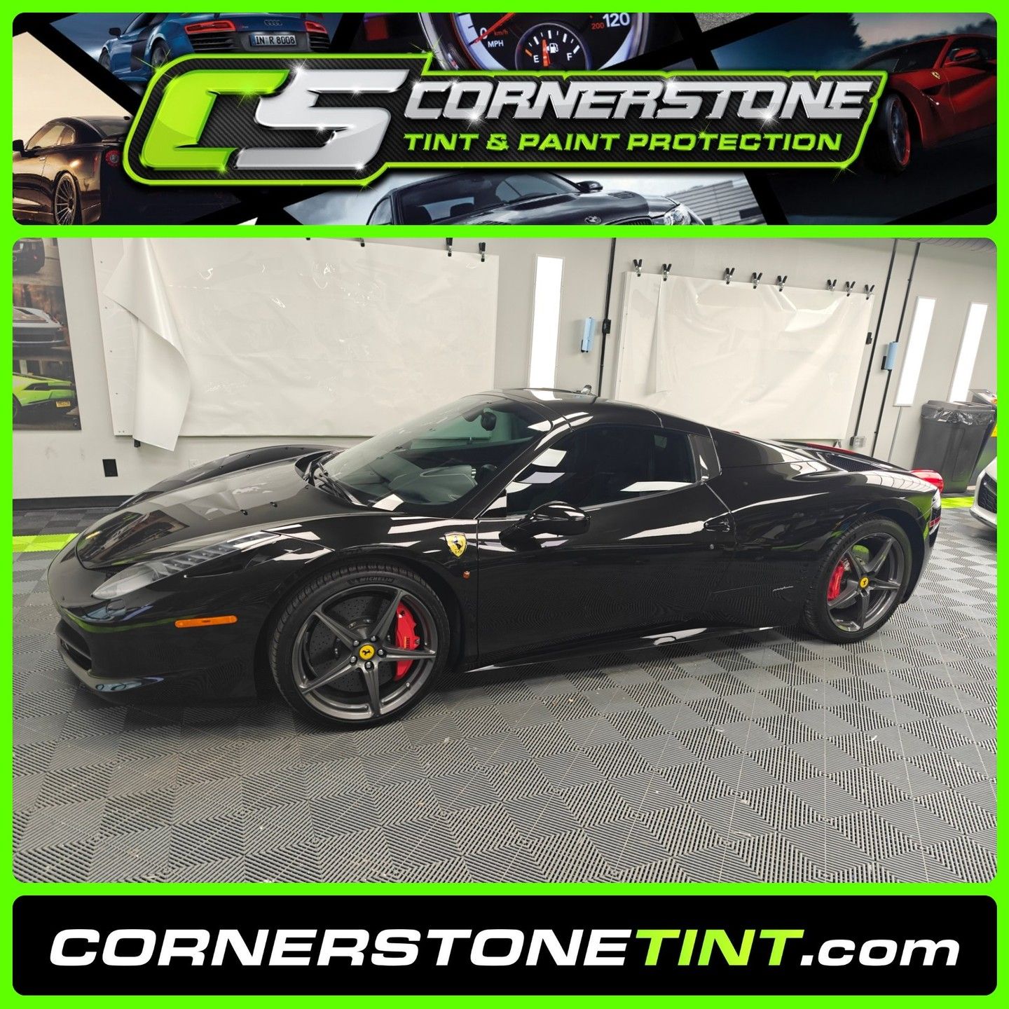 Cornerstone tint and paint protection is advertising a black sports car