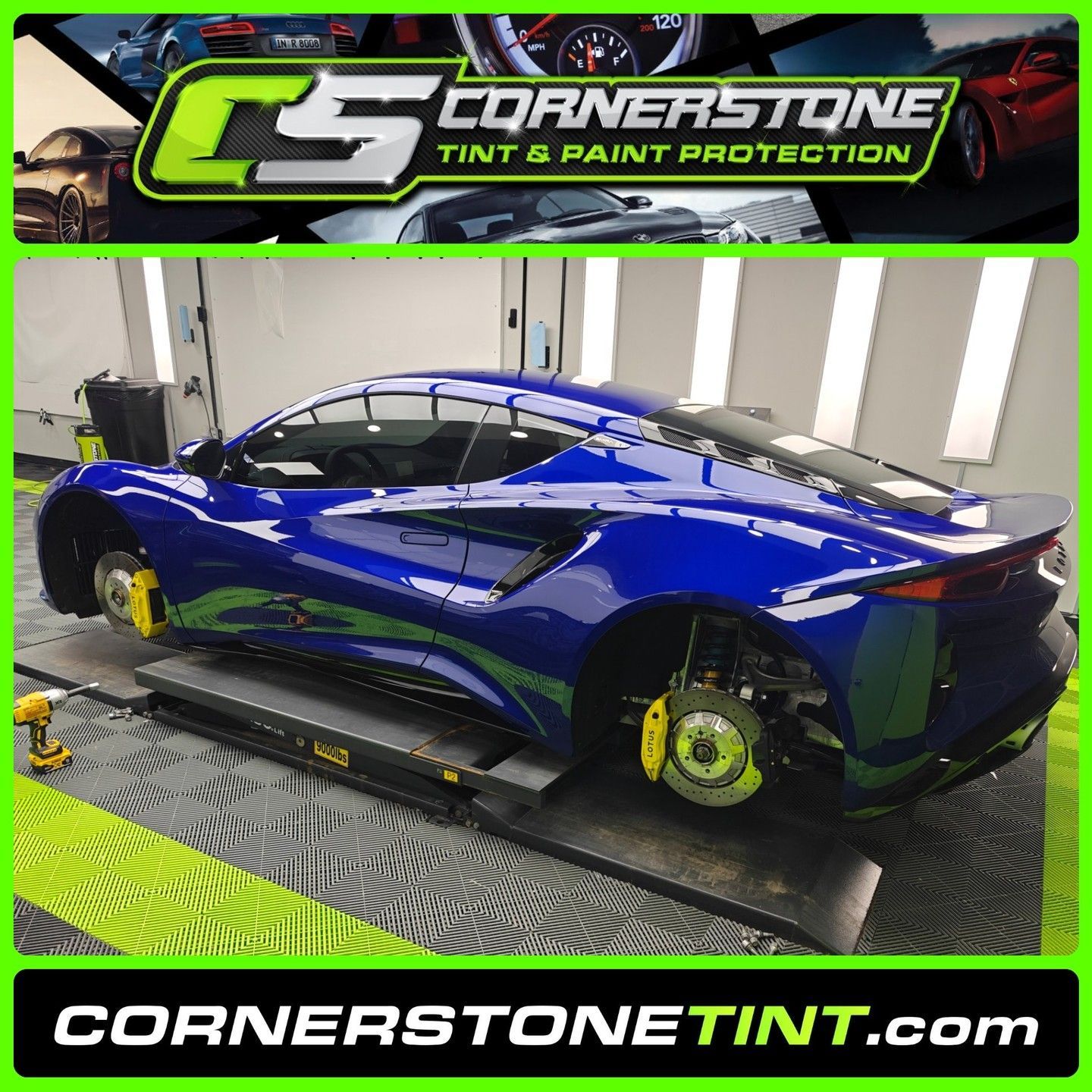 Cornerstone tint and paint protection is advertising a blue sports car