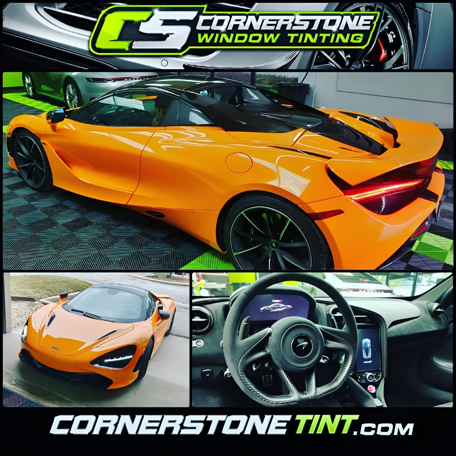 A cornerstone window tinting advertisement for a mclaren 720s