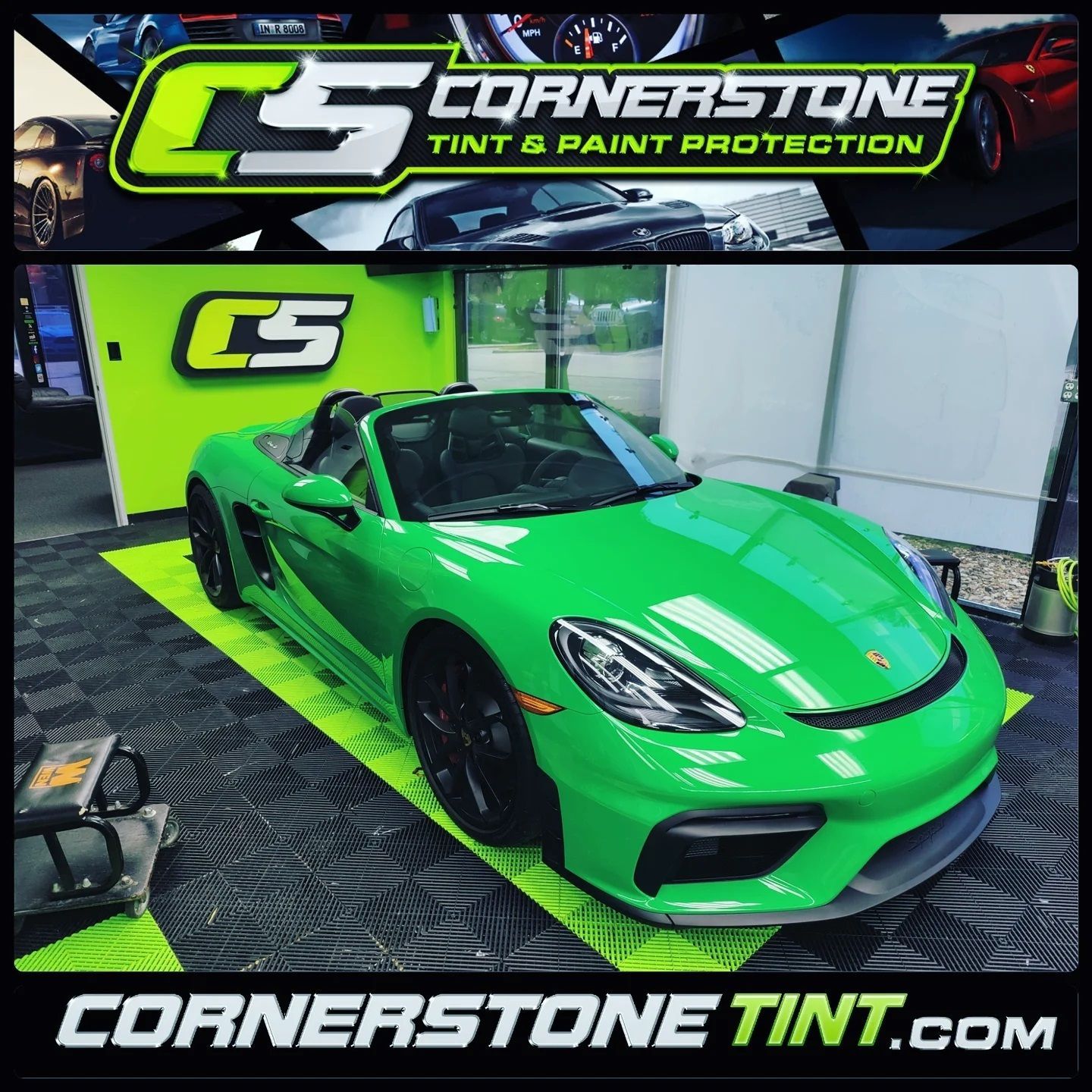 A green sports car is parked in front of a cornerstone tint store