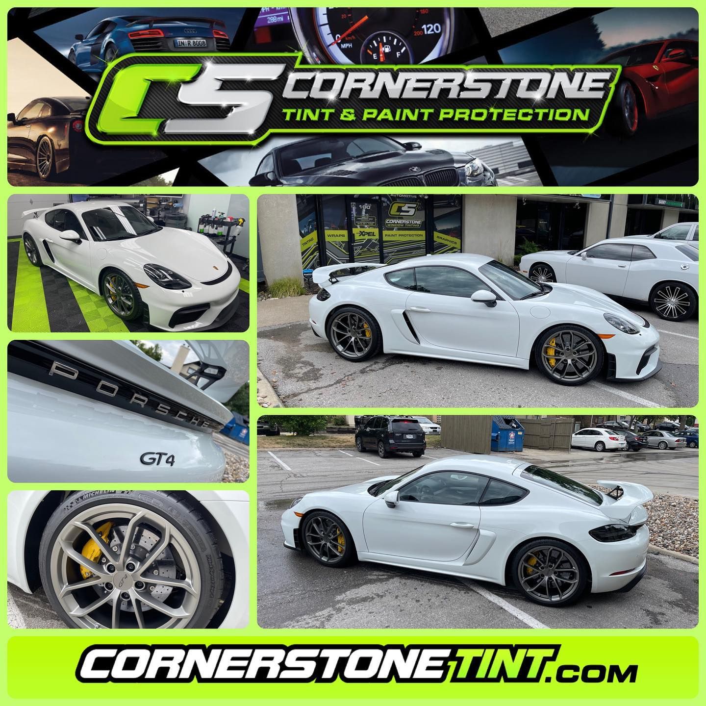 A white porsche 911 gt4 is parked in a parking lot.