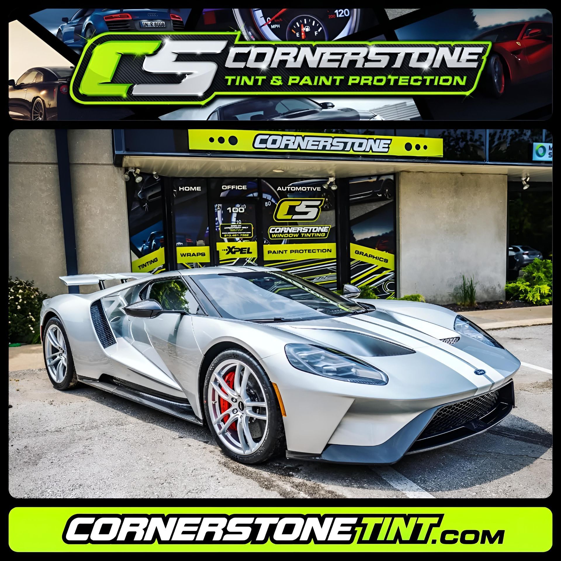 A silver sports car is parked in front of cornerstone tint and paint protection
