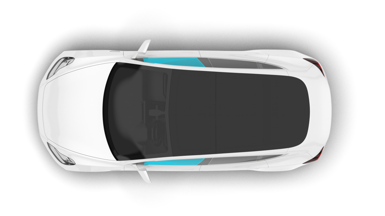 An aerial view of a white car with a black roof.