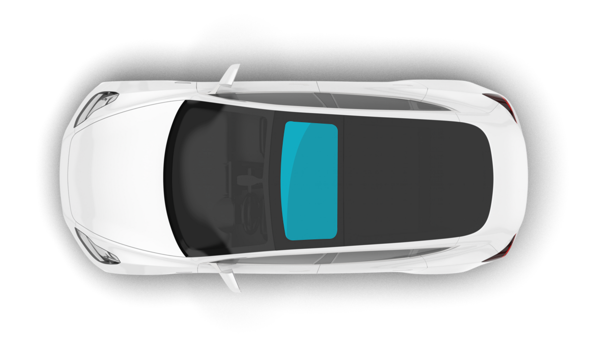 An aerial view of a white car with blue windows on a white background.
